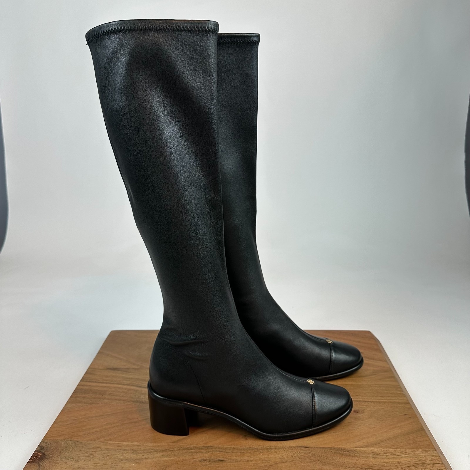 New Nwob Womens Tory Burch Cap Toe Black Leather Knee High Riding Boots Size 6 M